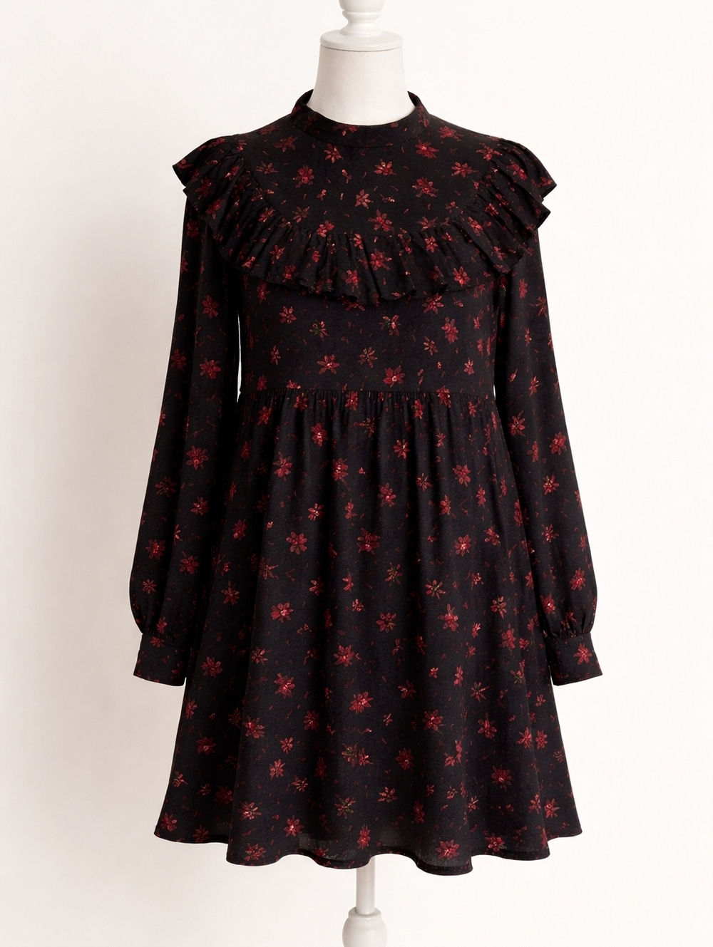 Zara Original Baby Doll Dress Size L Black with Red Flowers